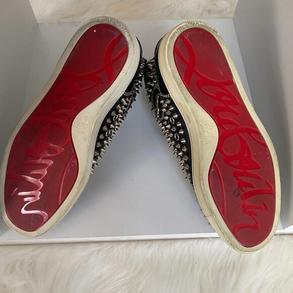 AUTH Christian Louboutin Black Louis Flat Calf Stud Spike Hi Top Sneakers 37.5 - Picture 10 of 12